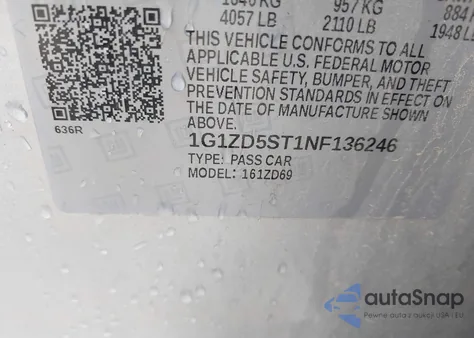 2022 Chevrolet Malibu Lt z USA, uszkodzony, nr VIN 1G1ZD5ST1NF136246